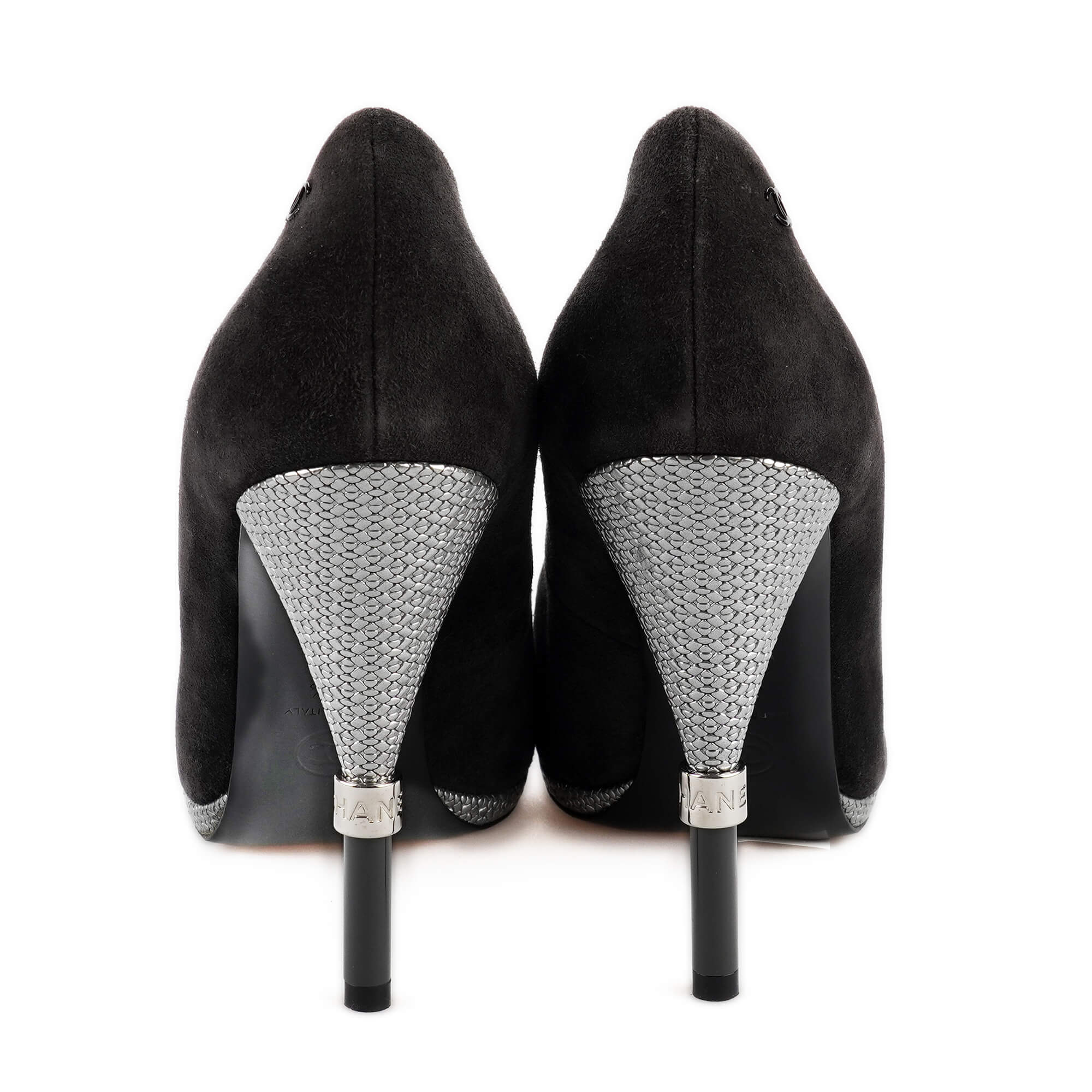 Chanel - Anthracite Suede and Black Satin CC Pumps